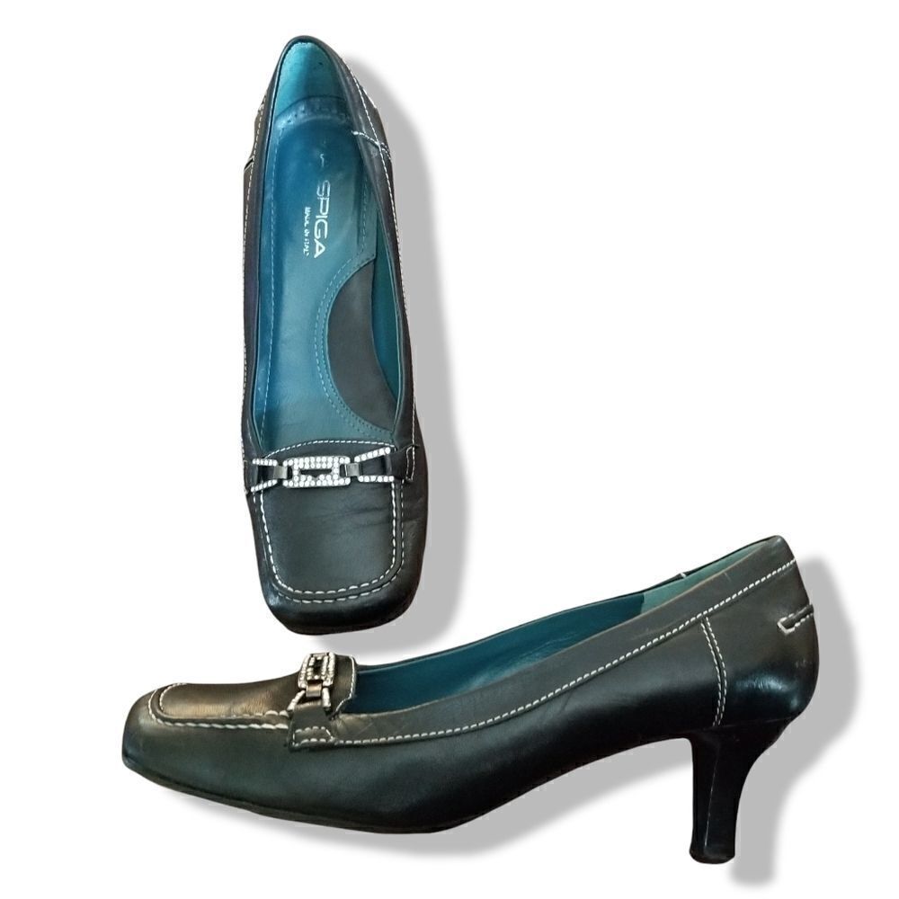 ⭐️ Via Spiga Italian Leather Kitten Heel Loafers w/ Crystal Horsebit sz 6.5M Blk